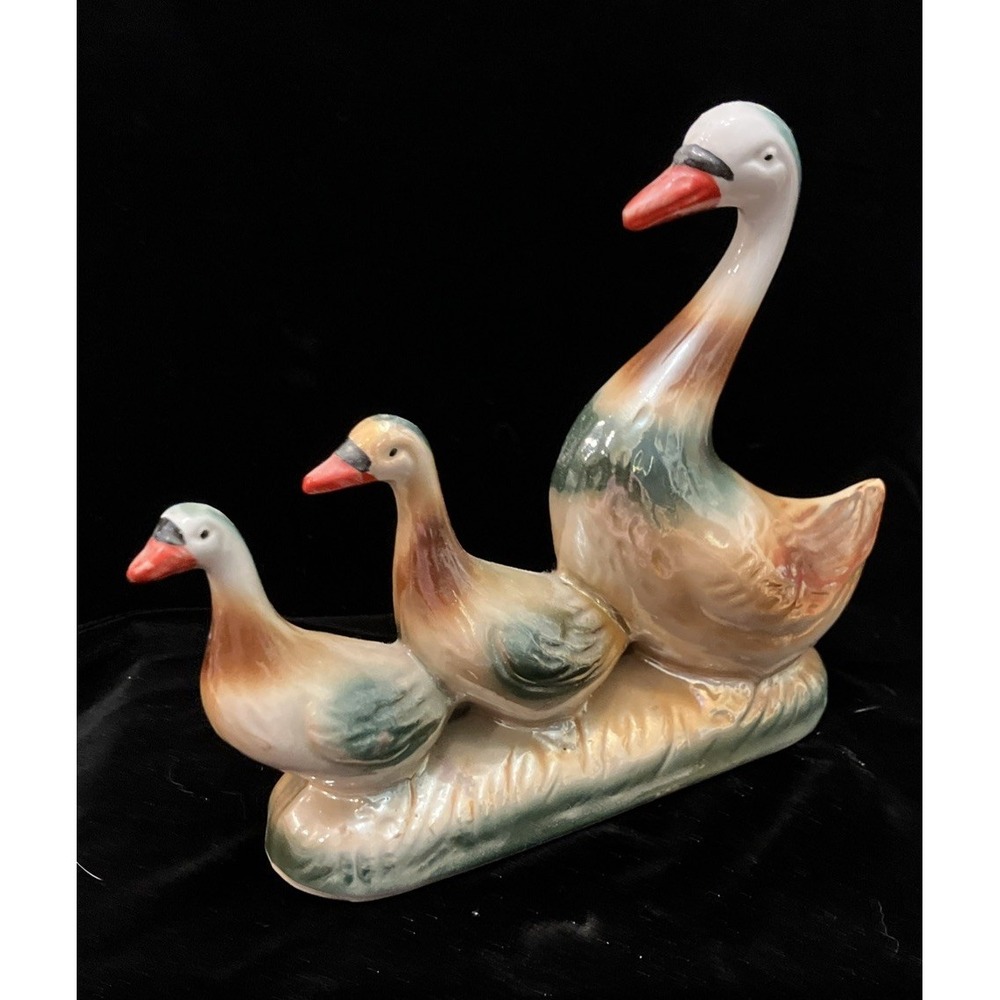 Vintage Brazil Lusterware Porcelain Trio Geese Mom & Goslings Glazed Figurine